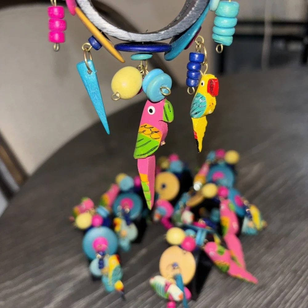 Assorted Birds/ Parrots Hand Painted Carved Wood Nampkin Ring Holders Set Of 7